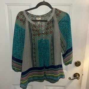Fig &  Flower  Women's Peasant Sleeve  Sheer Blouse Boho Multi Print size Med